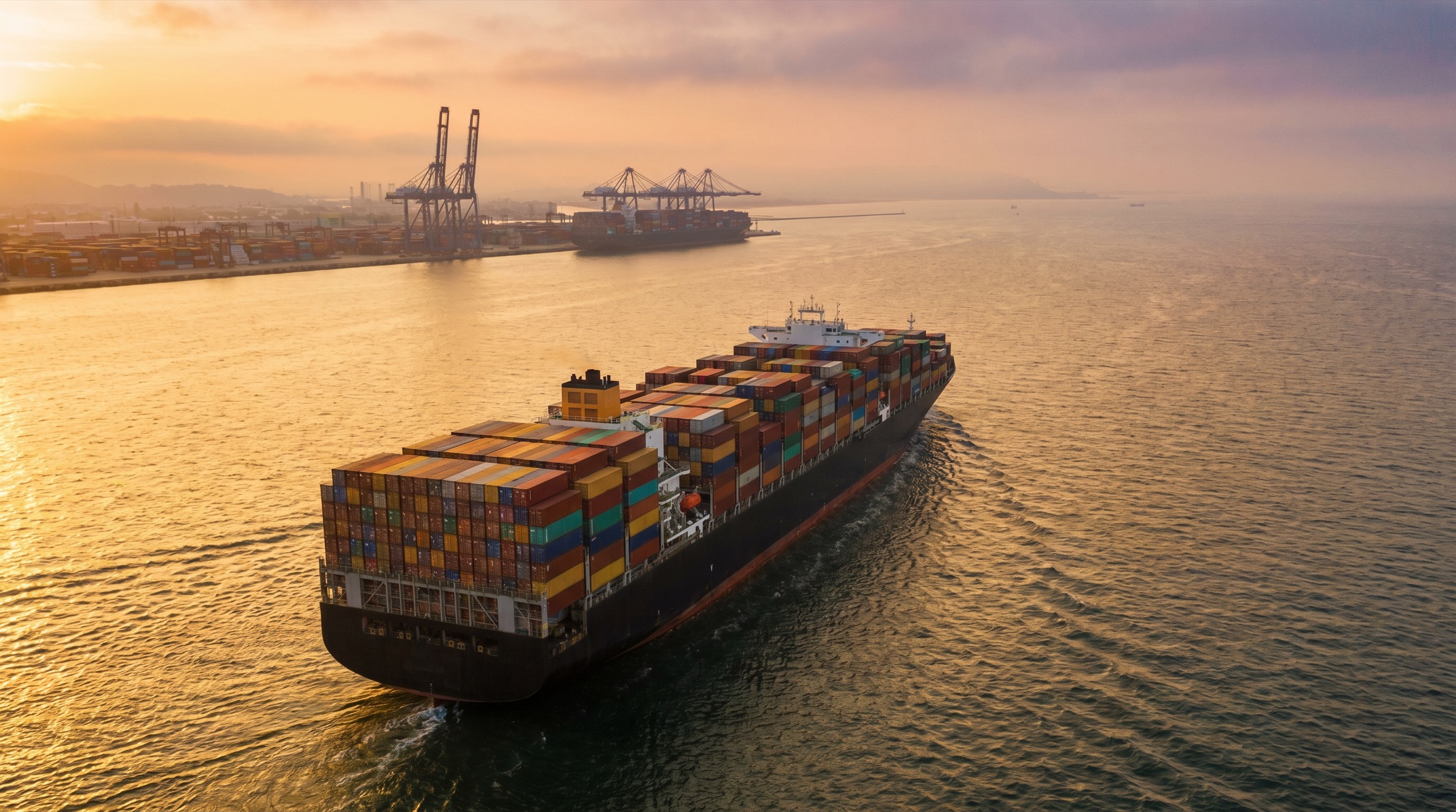 Importação · navio de containers chegando ao porto